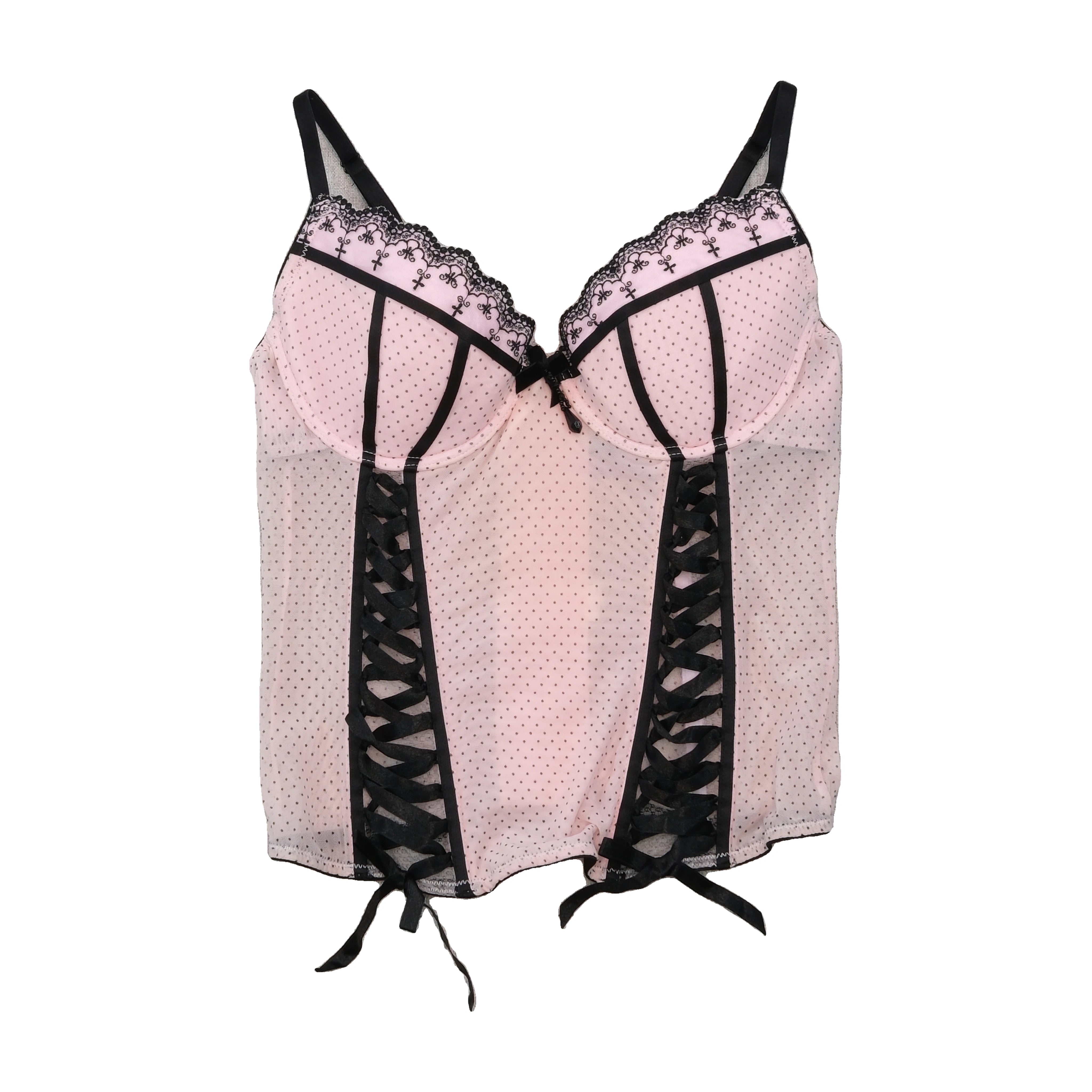 Vintage Pink Polka Dot Lace Trim Ribbon Lace-Up Bustier Tank Top