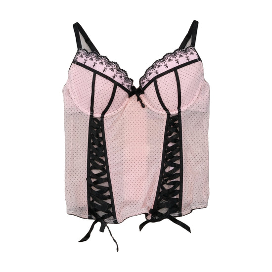 Vintage Pink Polka Dot Lace Trim Ribbon Lace-Up Bustier Tank Top