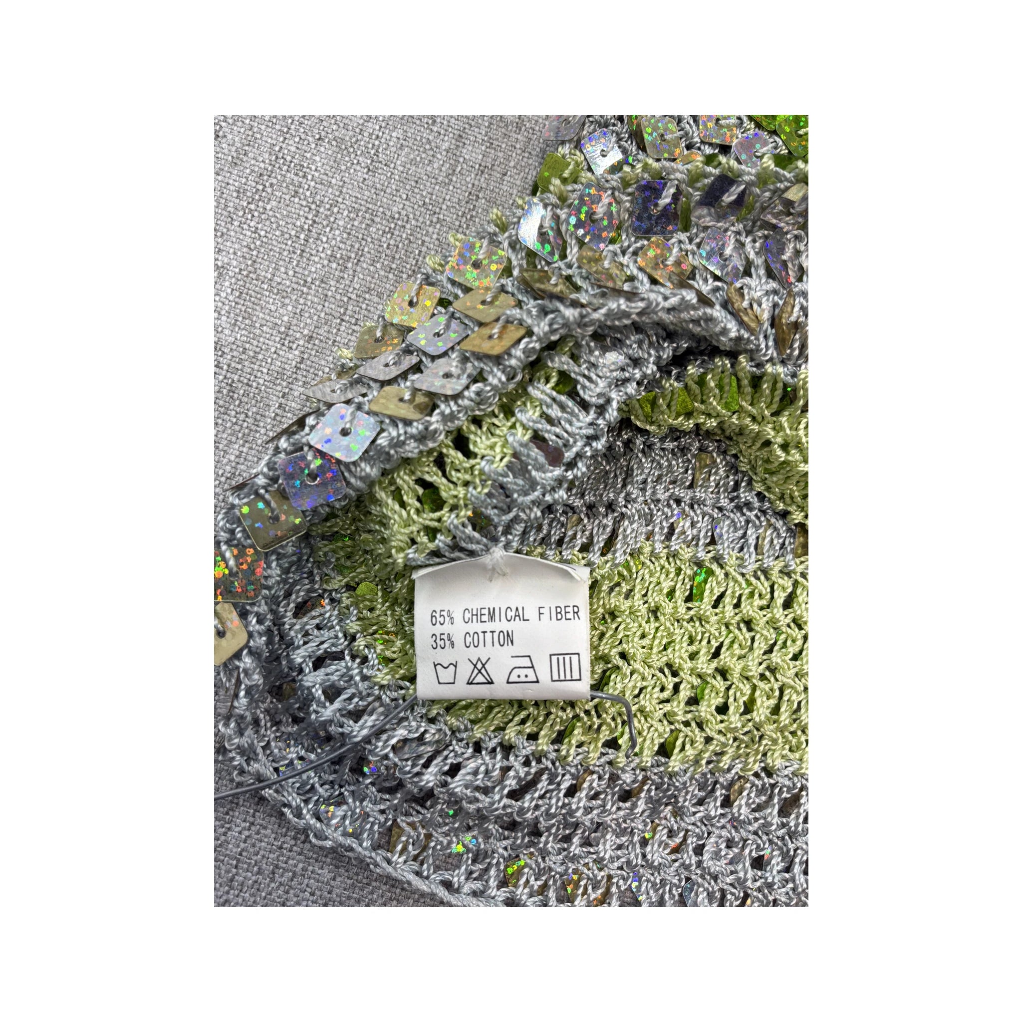Sequin-Embellished Green & Silver Crochet Cotton Blend Camisole Shirt