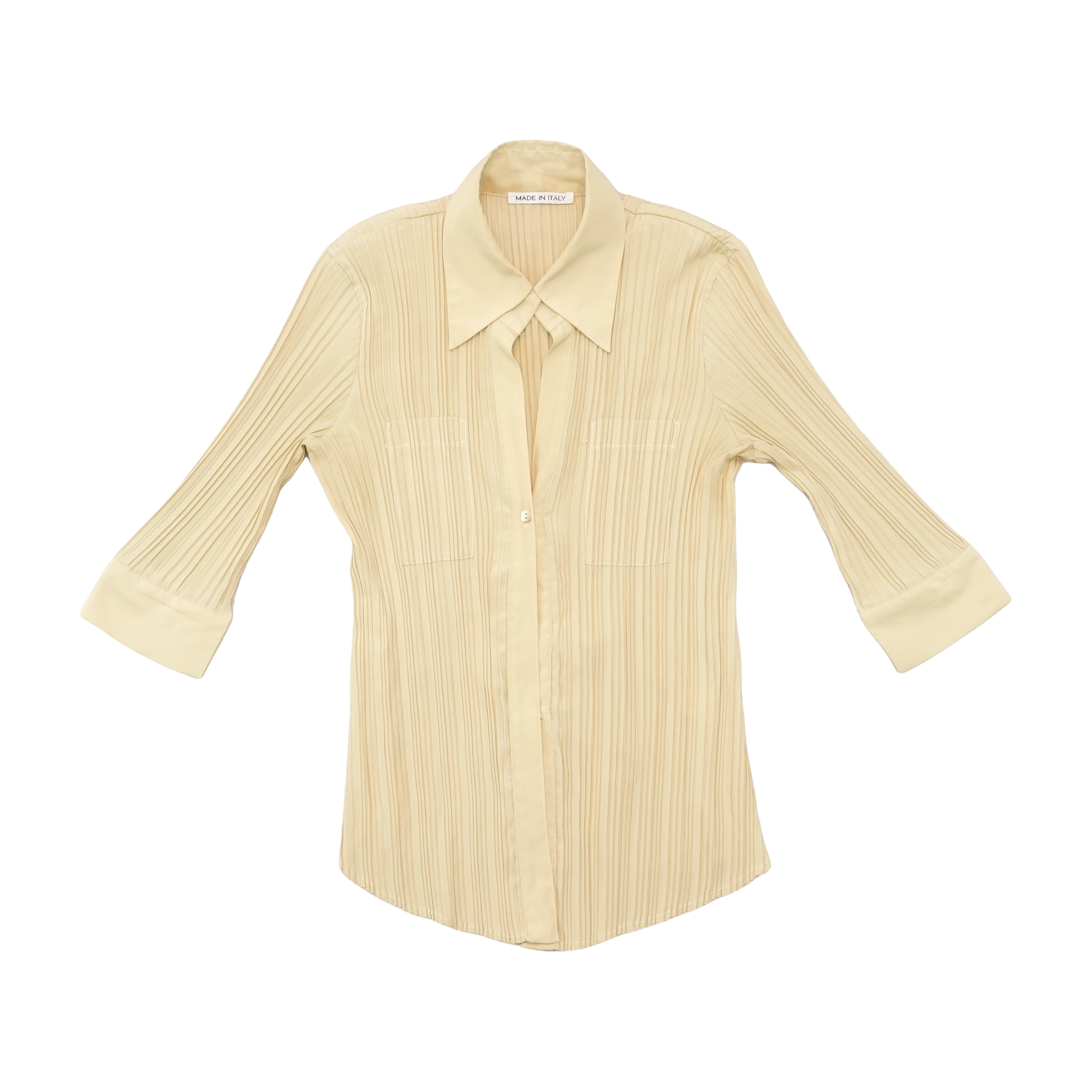 Vintage Made in Italy Ribbed Pleated 3 4 Sleeve Button Up Shirt