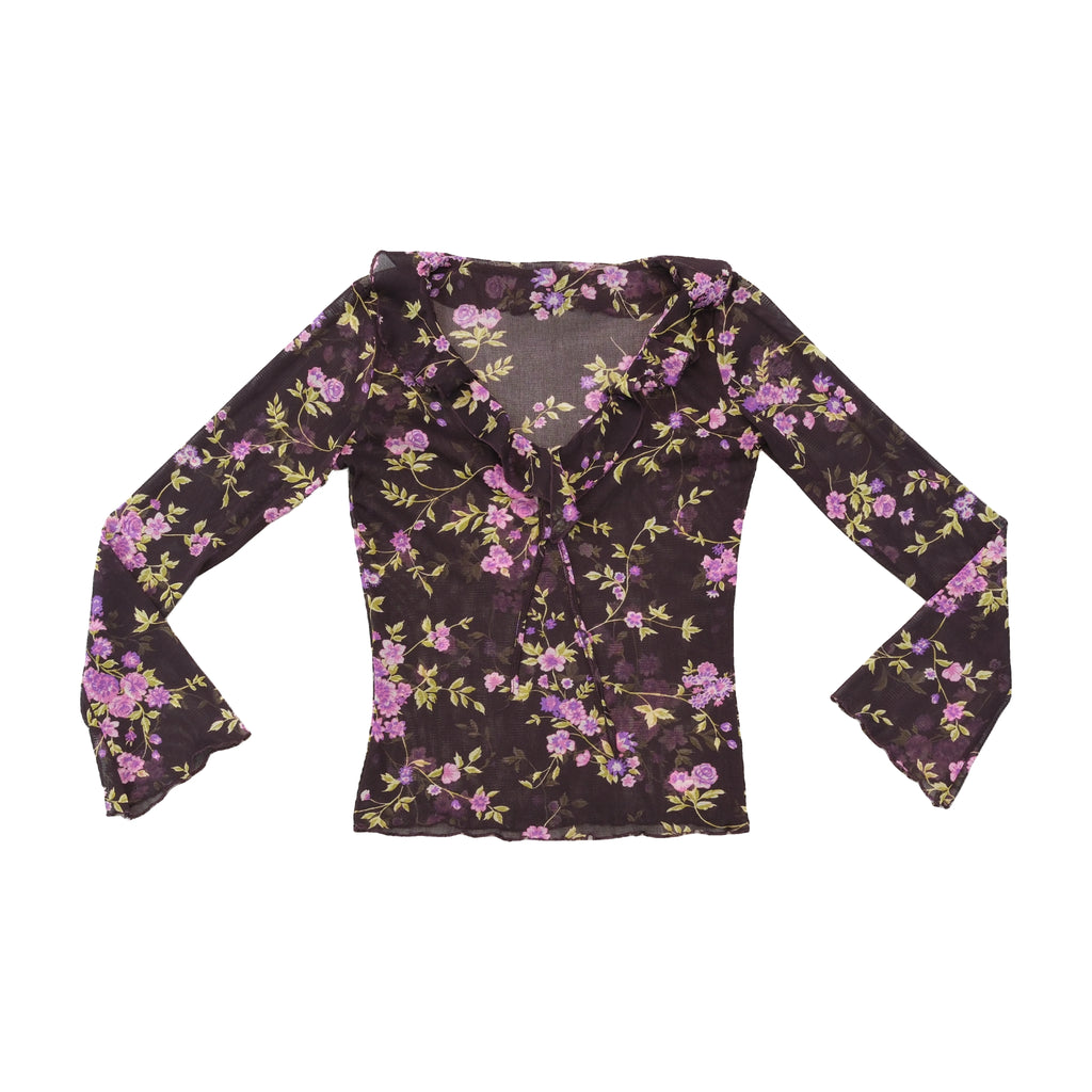 Vintage Sheer Floral Ruffle Tie Front Blouse
