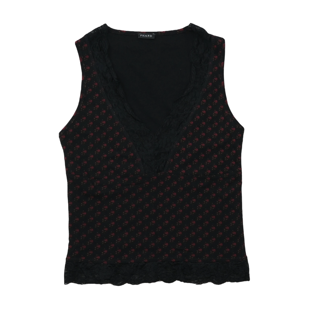 PHARD Floral Print Lace Trim V-Neck Sleeveless Blouse