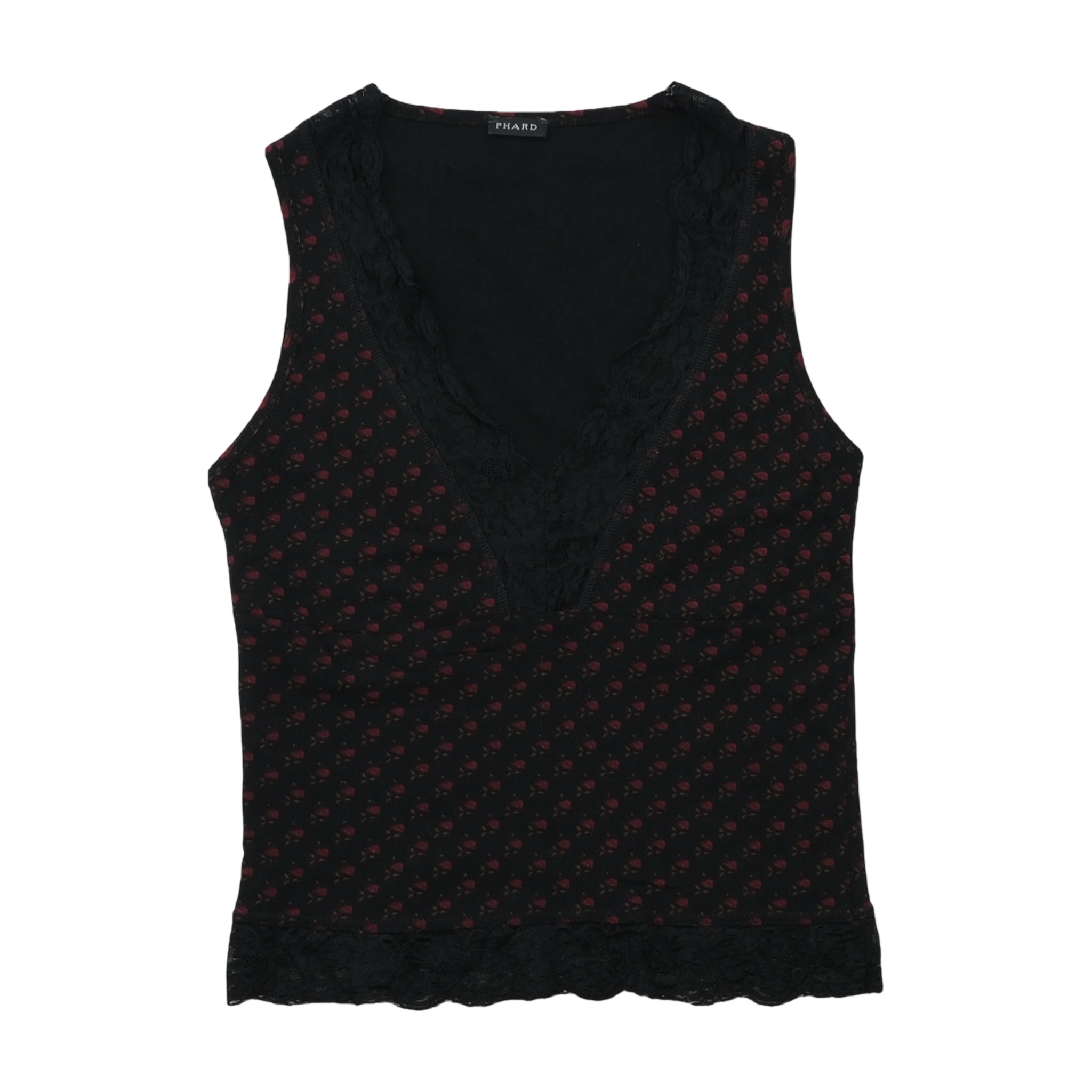 PHARD Floral Print Lace Trim V-Neck Sleeveless Blouse