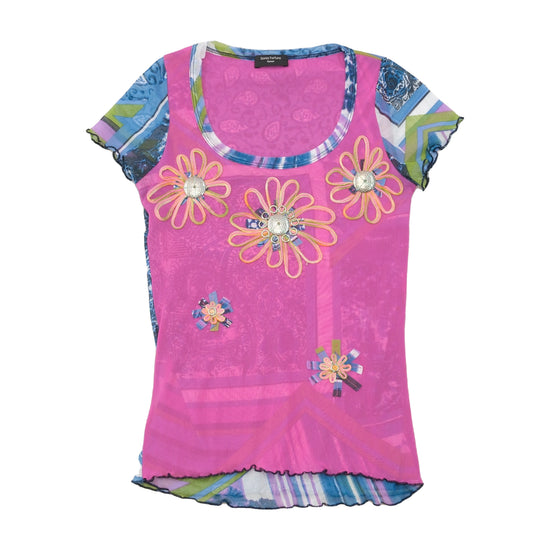 Sonia Fortuna Firenze Floral Appliqué Mesh T-shirt