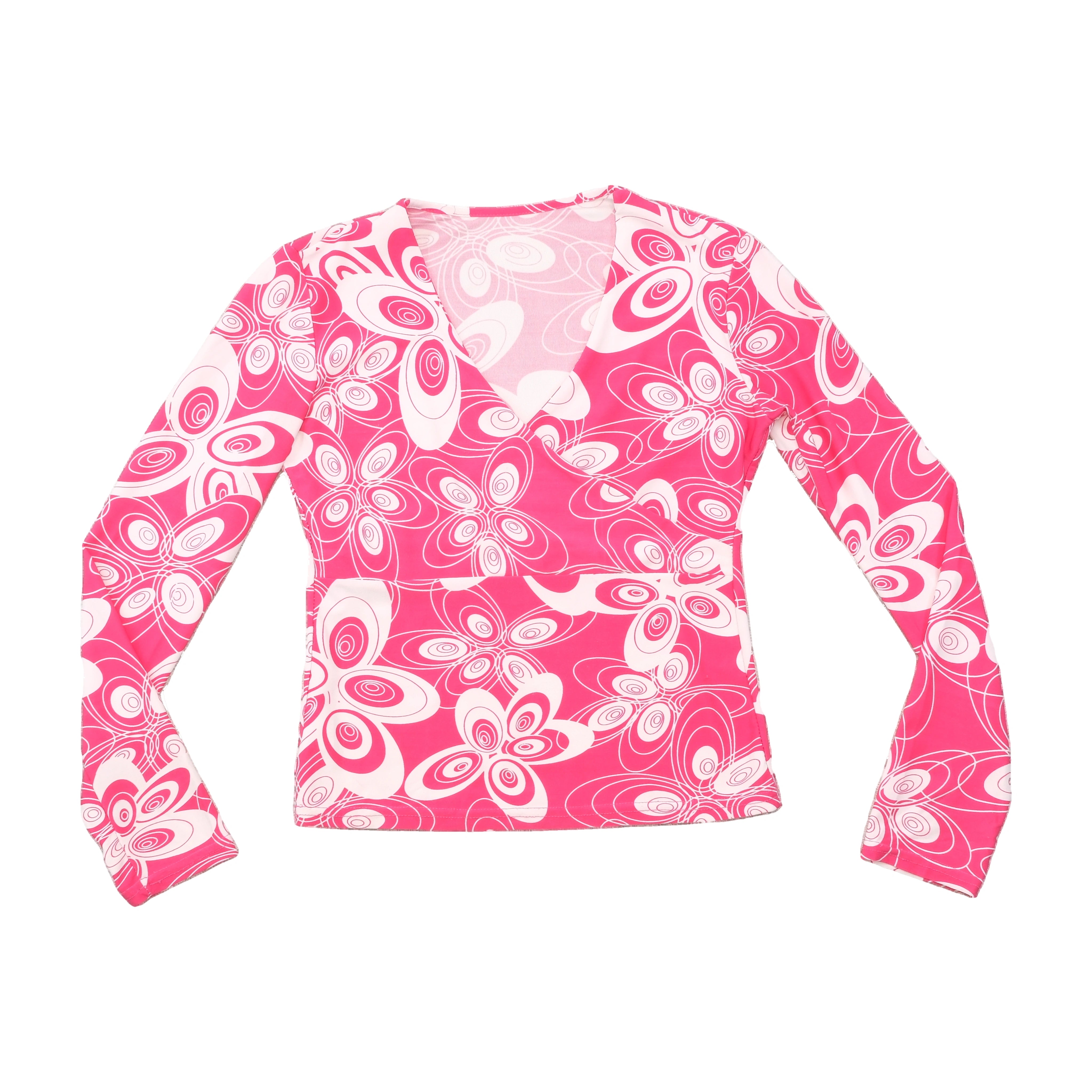 Y2K Pink Abstract Floral V-Neck Long Sleeve Blouse