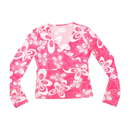 Blusa Y2K rosa de Manga Comprida com decote em V e estampado floral abstrato