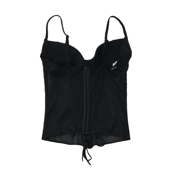 Vintage Black Mesh Lace Up Embroidered Corset Blouse