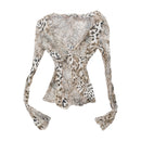 NATURAL B Animal Print Sheer Ruffle Trim Blouse