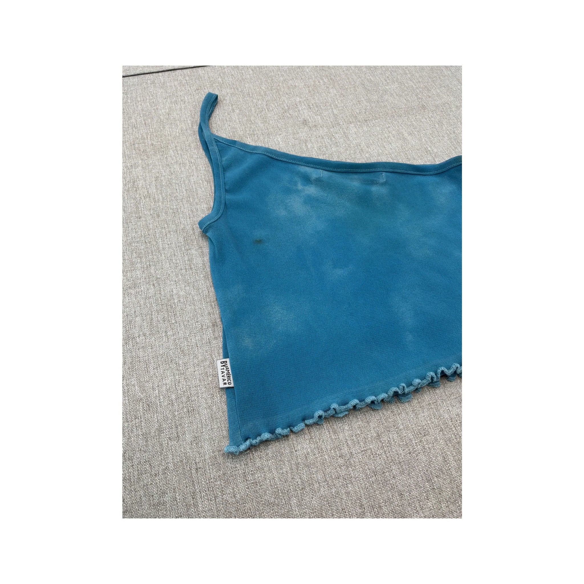 Americo Tavar Blue One Shoulder Lettuce Hem Tank Top