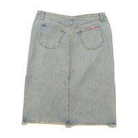 Kookai Light Wash Denim Midi Skirt with Raw Frayed Hem