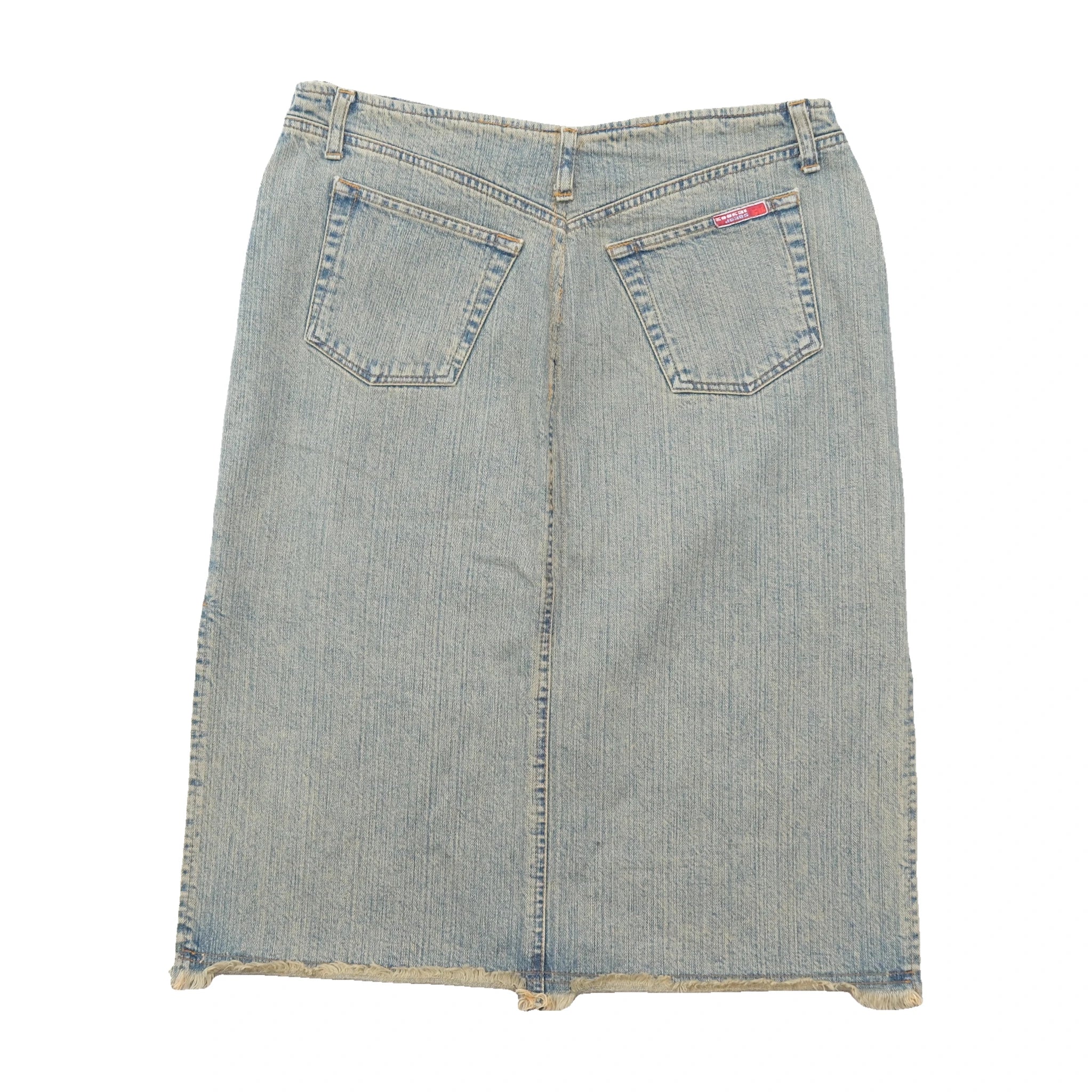 Kookai Light Wash Denim Midi Skirt with Raw Frayed Hem