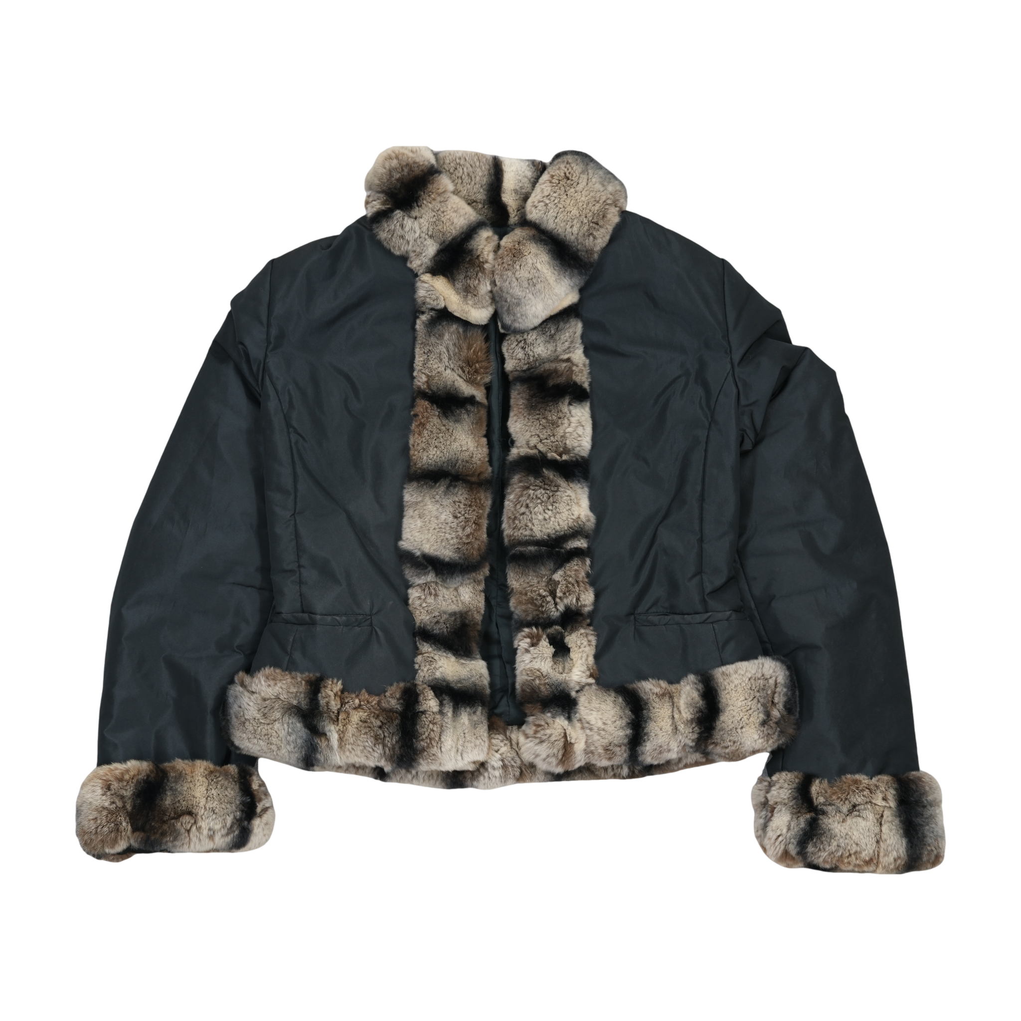 Black Puffer Jacket with Fur Trim Collar, Cuffs & Hem