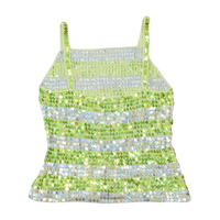 Sequin-Embellished Green & Silver Crochet Cotton Blend Camisole Shirt