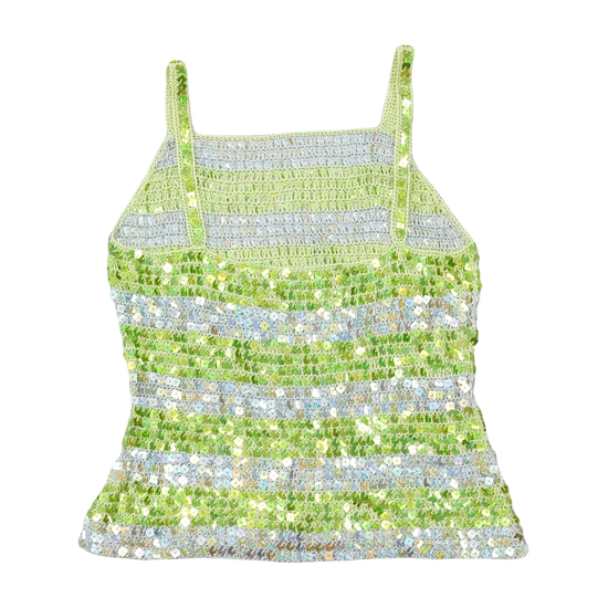 Sequin-Embellished Green & Silver Crochet Cotton Blend Camisole Shirt