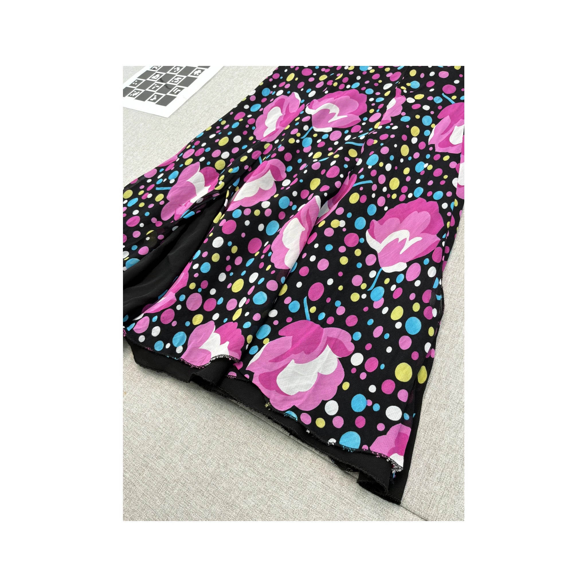 Multicolor Polka Dot and Pink Floral Paneled Flowy Midi Skirt