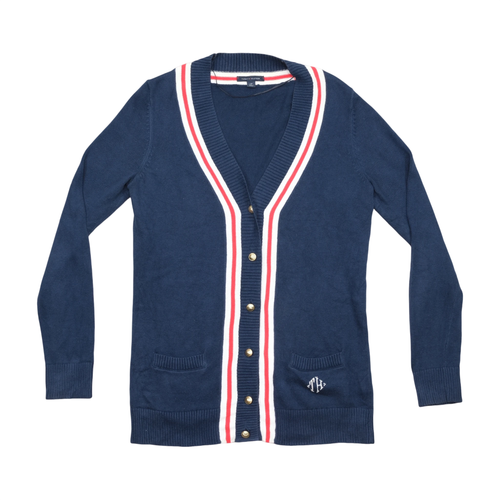 Tommy Hilfiger Navy V-Neck Knit Cardigan with Red/White Stripe Trim