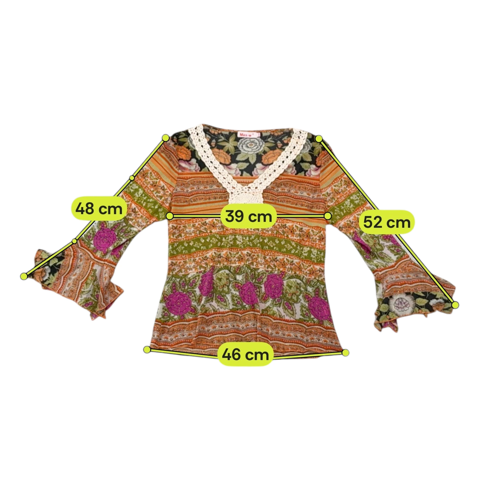 Blusa Max-w de Manga de Sino com riscas florais e Acabamento em Crochet