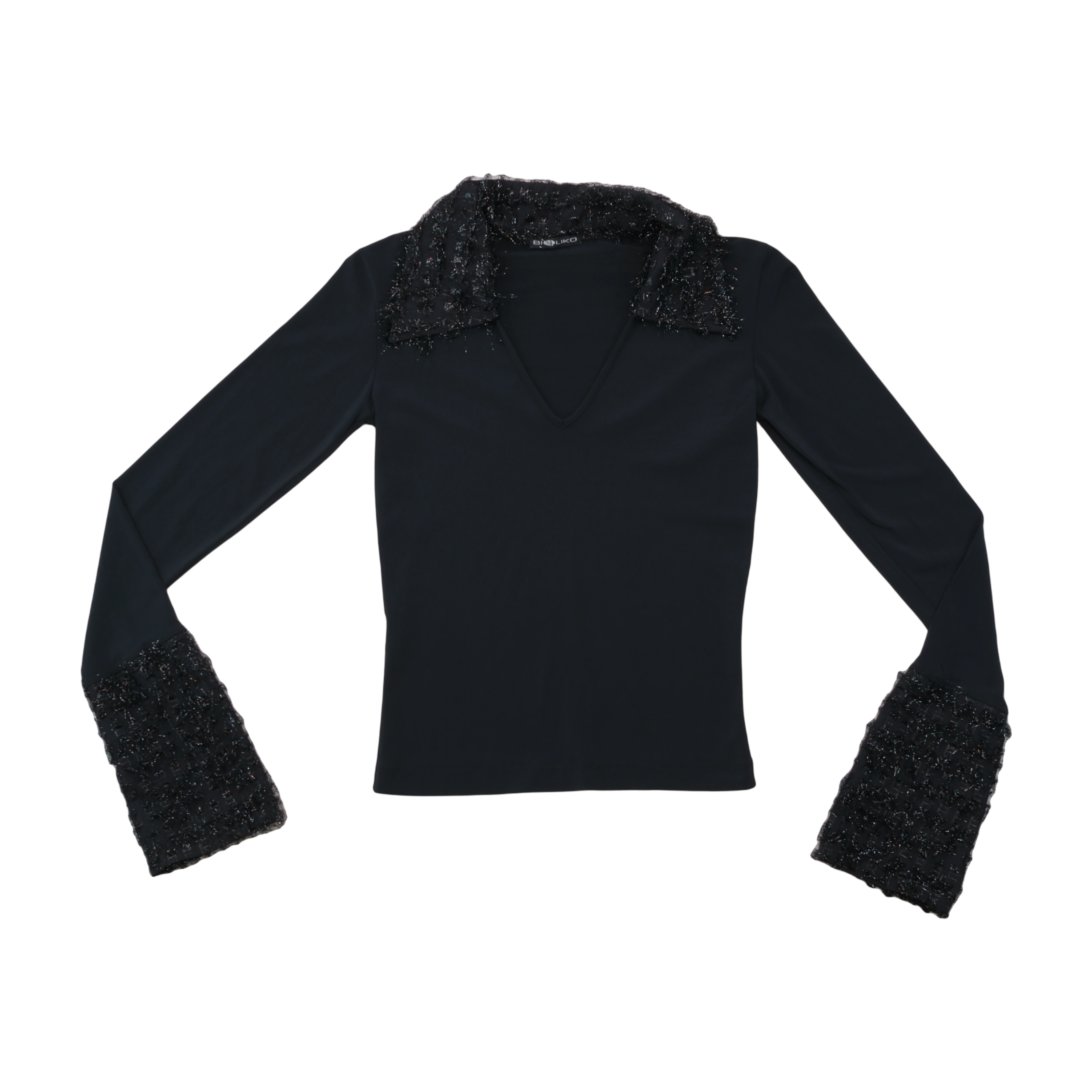 Bibiko Glitter Trim Bell Sleeve V-Neck Blouse