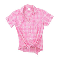 Women’s Pink Gingham Cotton Short-Sleeve Button-Up Shirt with Tie Front