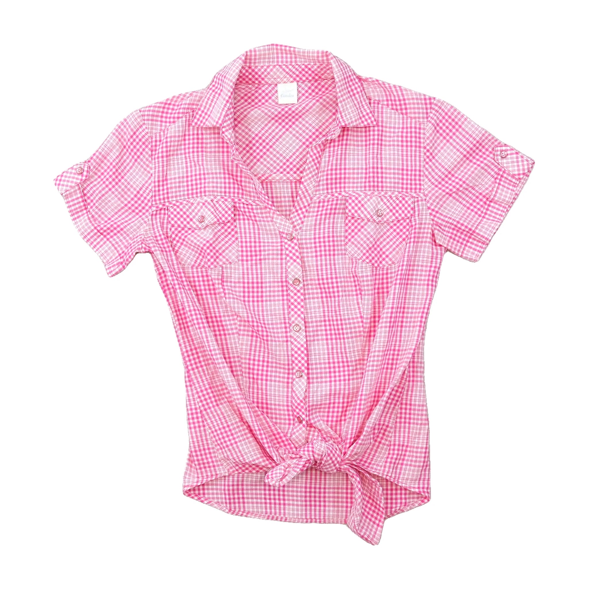 Women’s Pink Gingham Cotton Short-Sleeve Button-Up Shirt with Tie Front