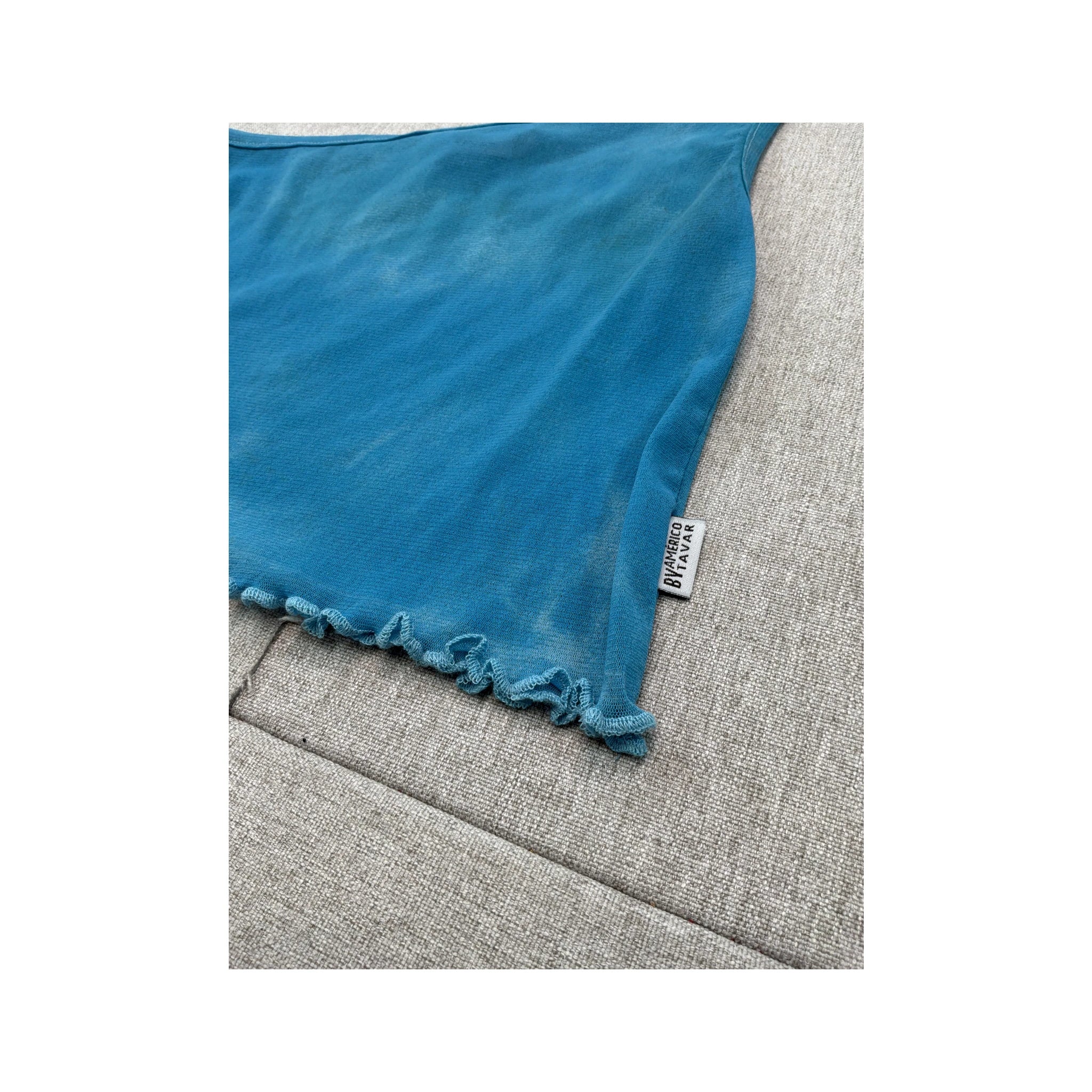 Americo Tavar Blue One Shoulder Lettuce Hem Tank Top