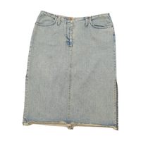 Kookai Light Wash Denim Midi Skirt with Raw Frayed Hem