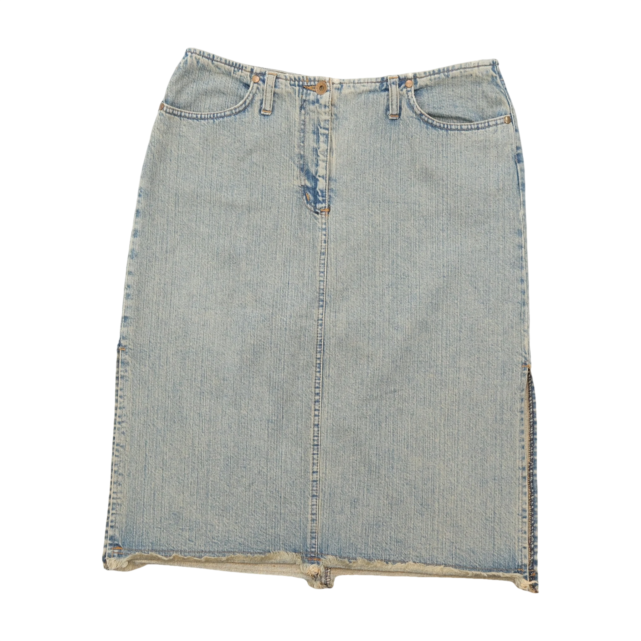 Kookai Light Wash Denim Midi Skirt with Raw Frayed Hem