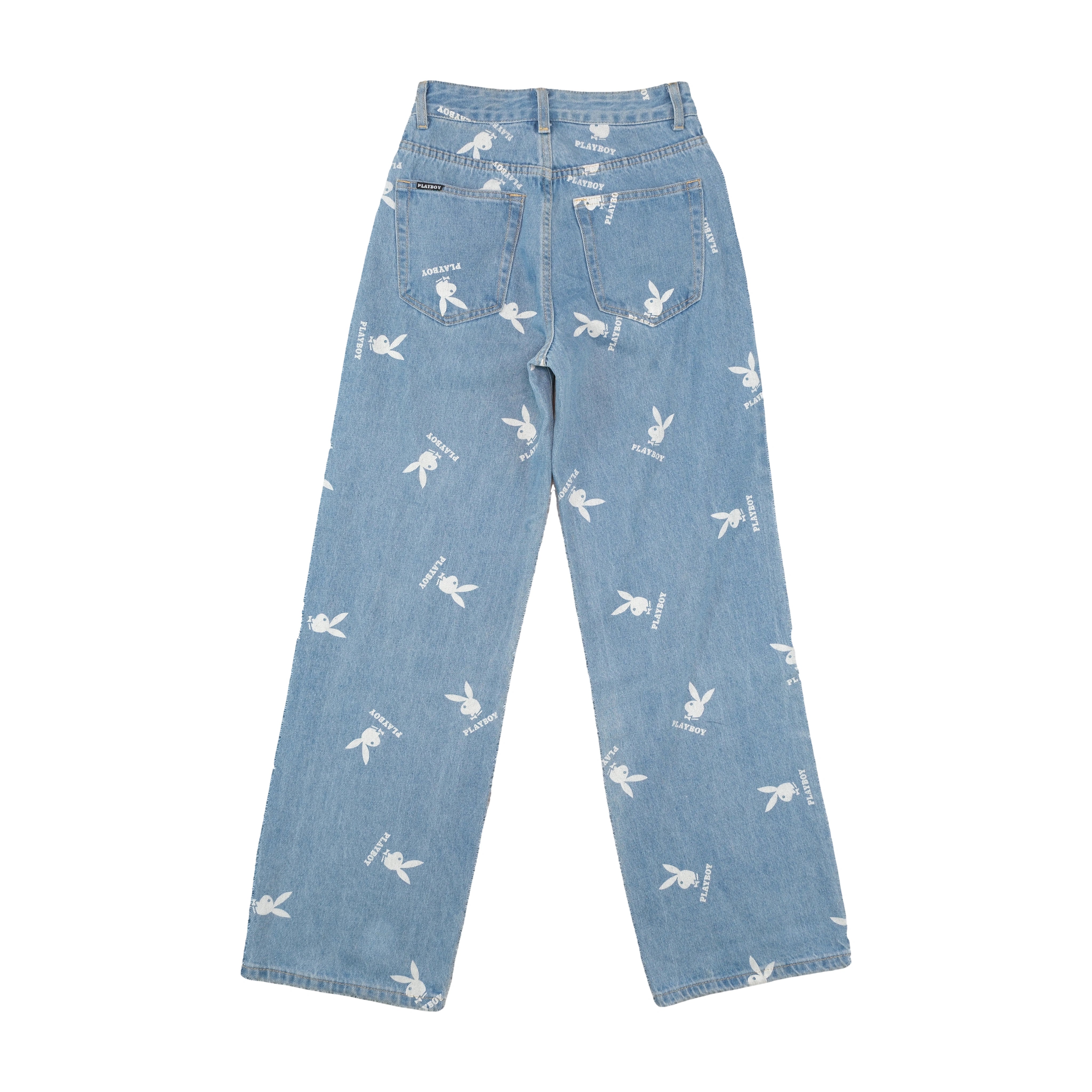 Playboy Allover Bunny Logo Print Wide Leg Denim Jeans