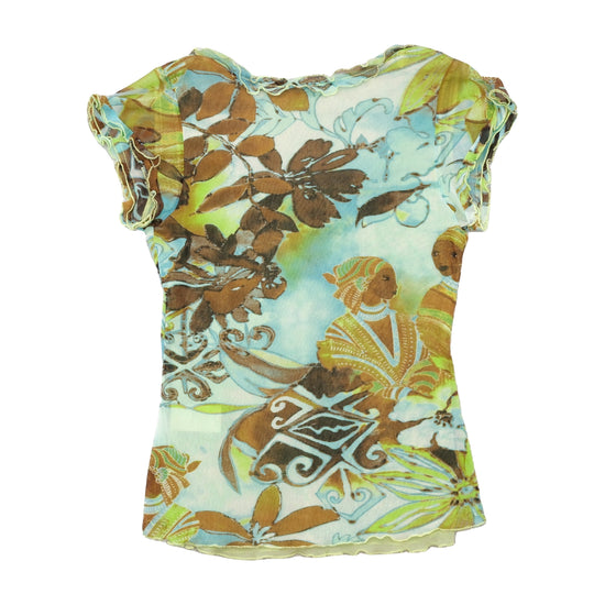 Sheer Ruffle Trim Floral Mesh T-shirt