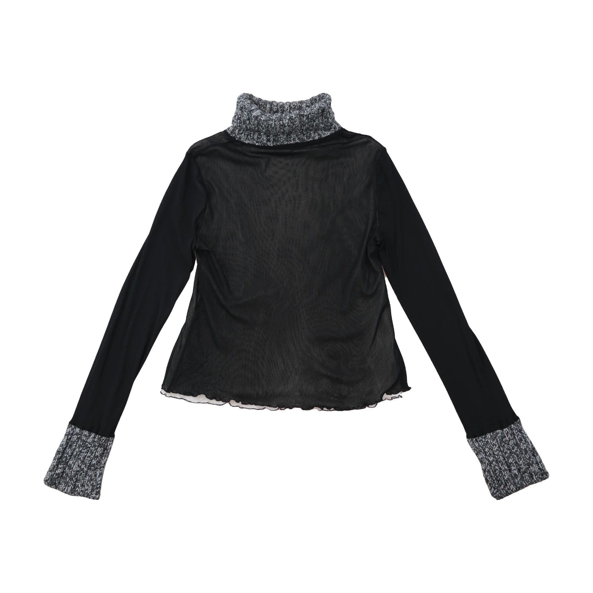 Maurice Abot Sheer Black Mesh Turtleneck Top with Knit Collar & Cuffs