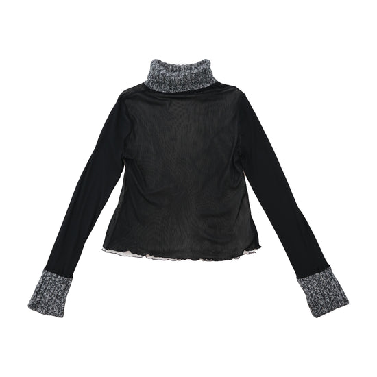 Maurice Abot Sheer Black Mesh Turtleneck Top with Knit Collar & Cuffs