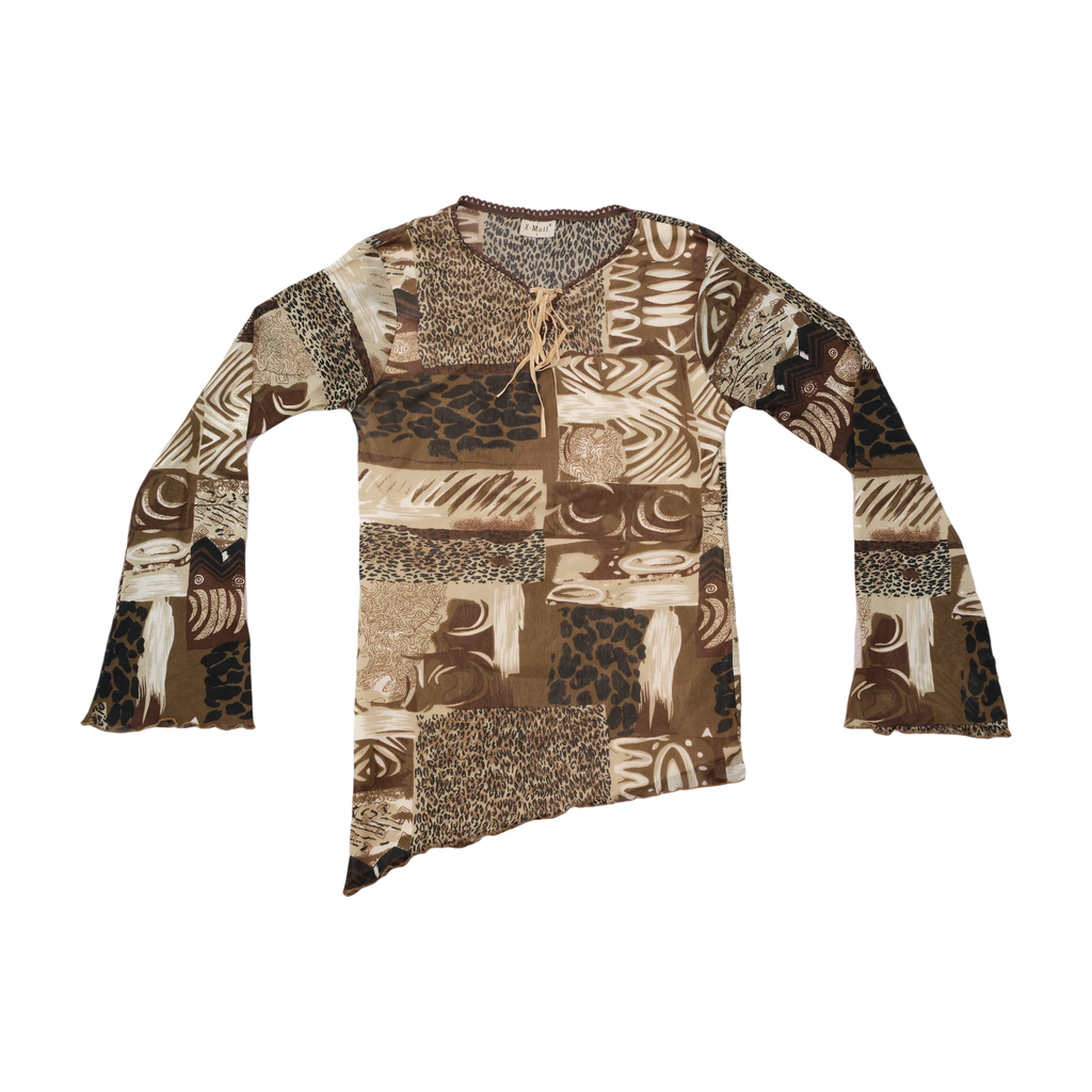 X-Mail Abstract Animal Print Lace-Up Mesh Blouse (Repriced)