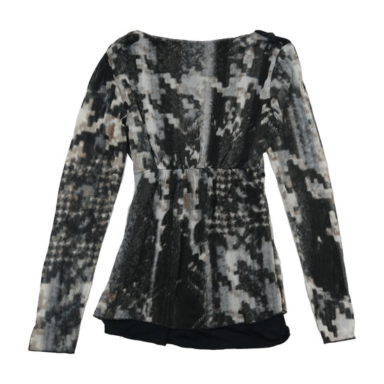 Blusa Transparente Glamour Franzida com Nó à Frente e estampado abstrato