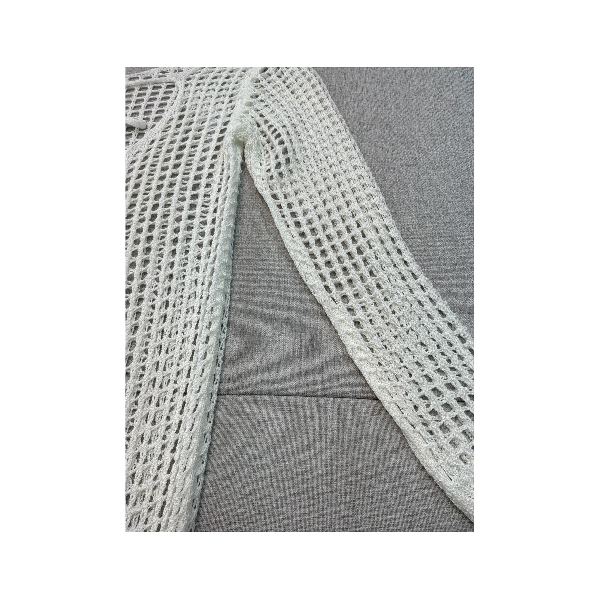 Vintage Open-Knit Grid Pattern Long-Sleeve Midi Dress