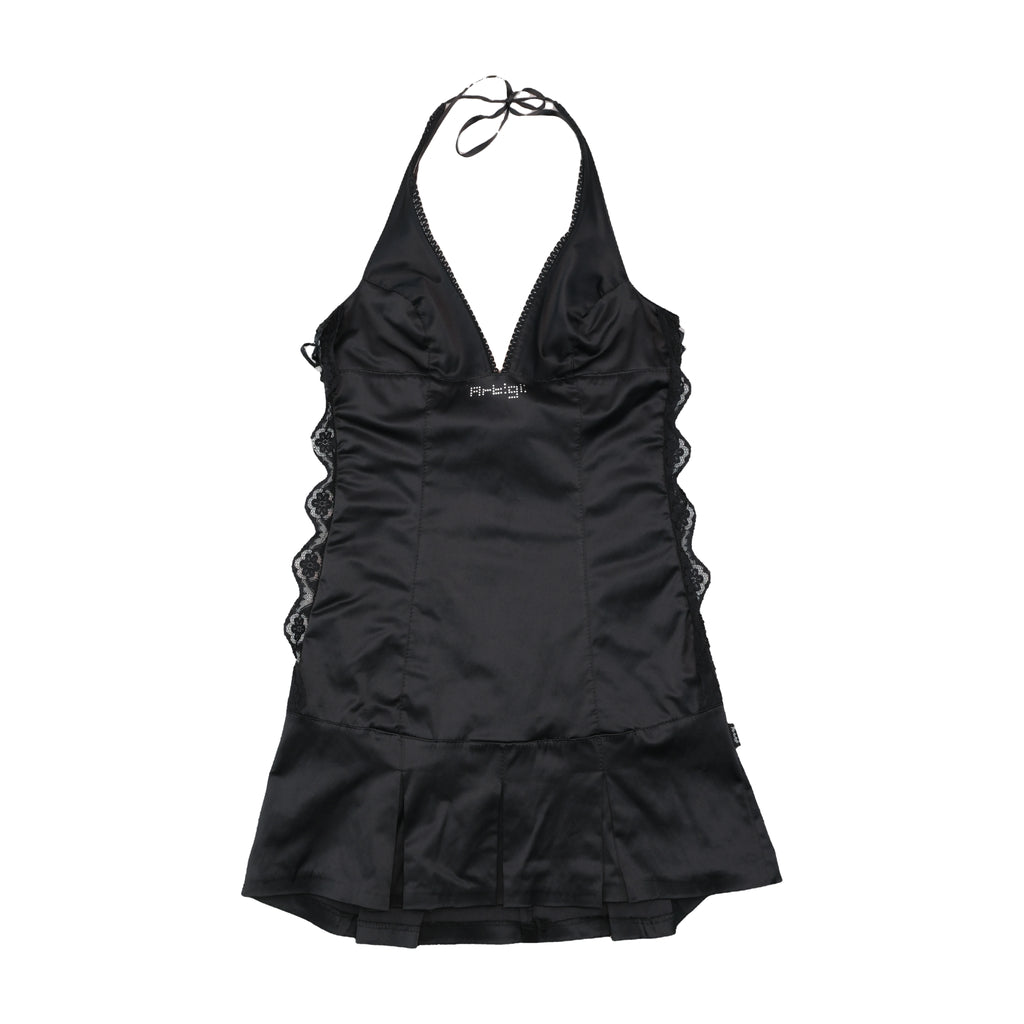 Fifi &amp; Brandi Rhinestone Logo Lace Trim Halter Dress
