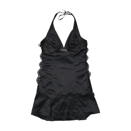 Fifi &amp; Brandi Rhinestone Logo Lace Trim Halter Dress