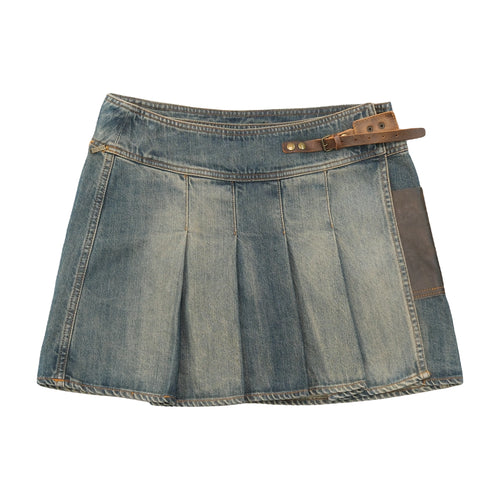 Guess Pleated Denim Mini Skirt with Leather Belt Detail