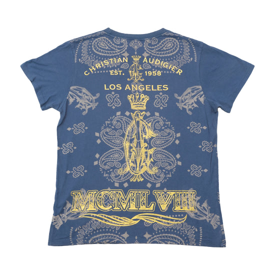 T-shirt Christian Audigier de Algodão com Gráfico de Caveira com Rosas e Strass