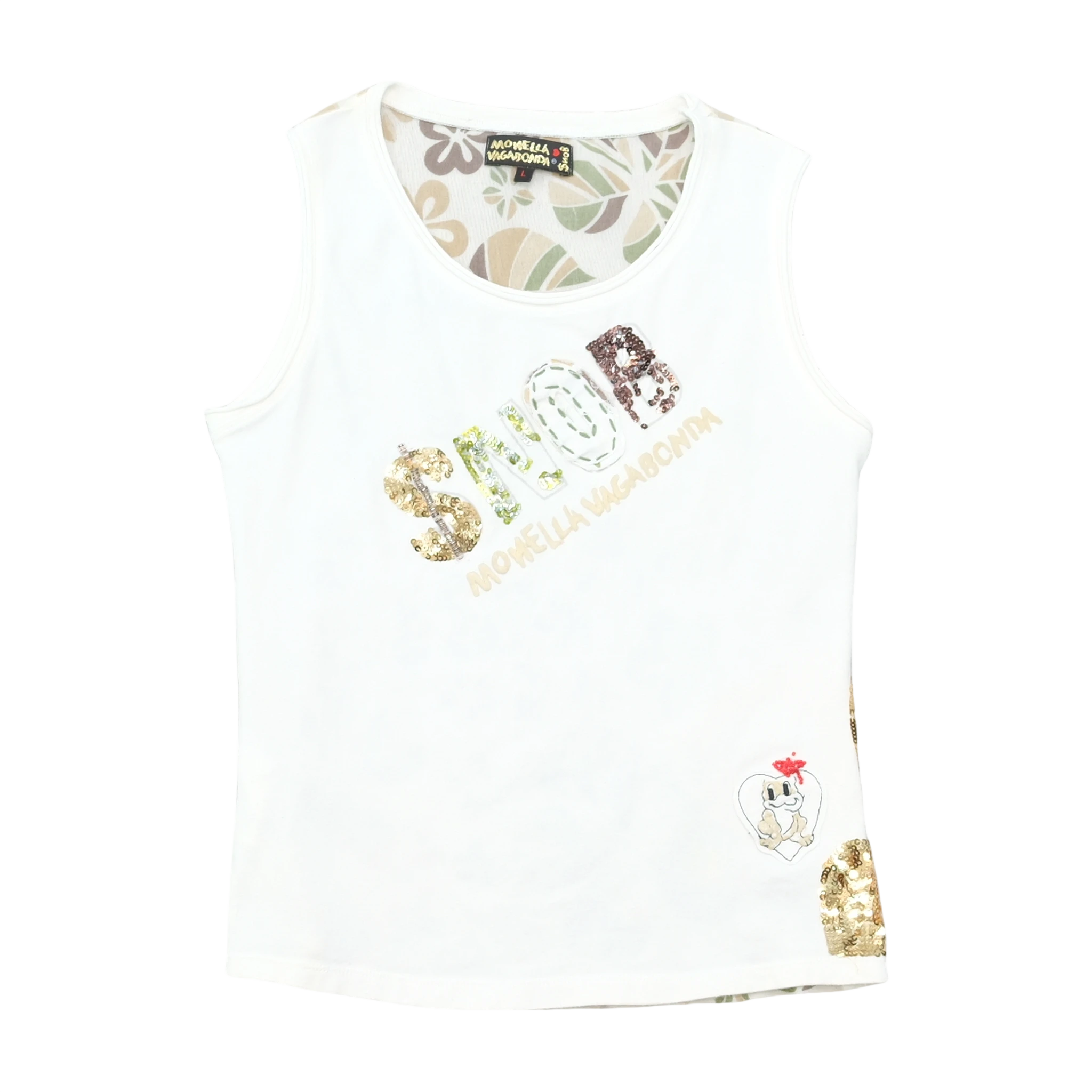 Camisa Monella Vagabonda sem mangas com Lantejoulas e estampado floral SNOB nas Costas