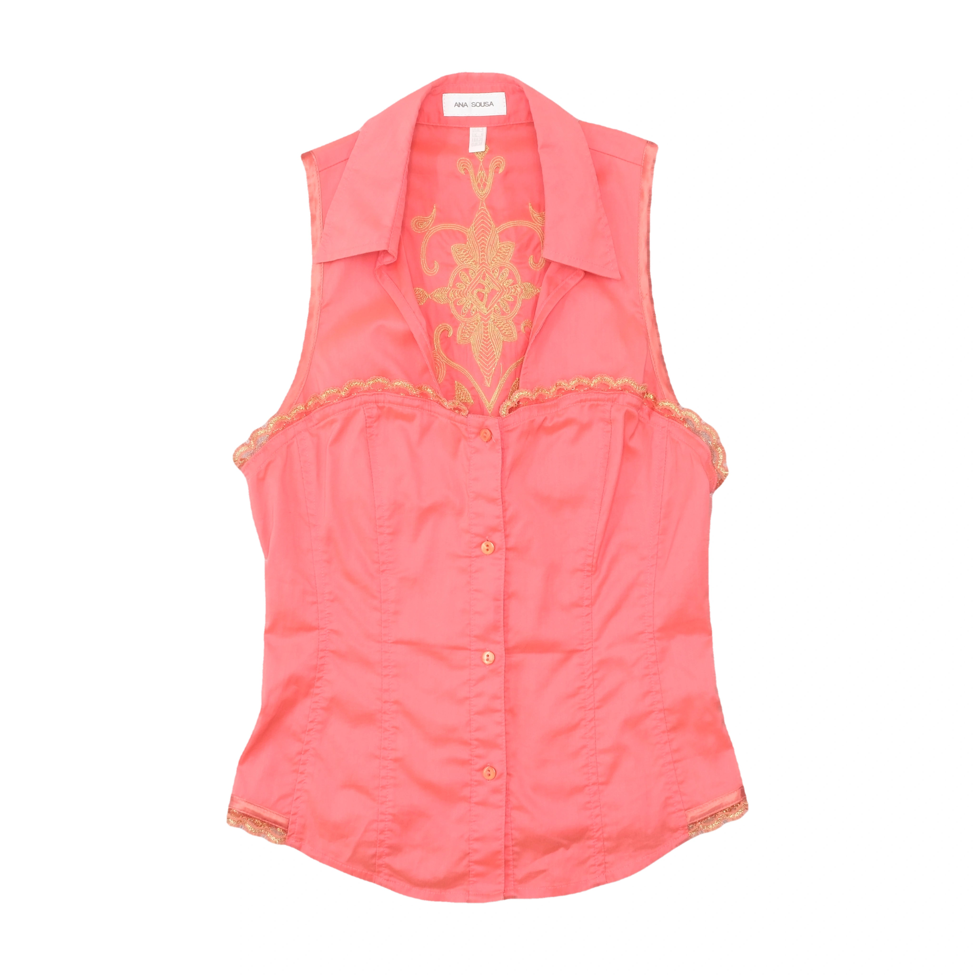 ANA SOUSA Embroidered Metallic Appliqué Sleeveless Button-Up Blouse