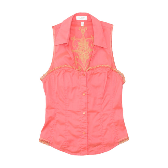 ANA SOUSA Embroidered Metallic Appliqué Sleeveless Button-Up Blouse