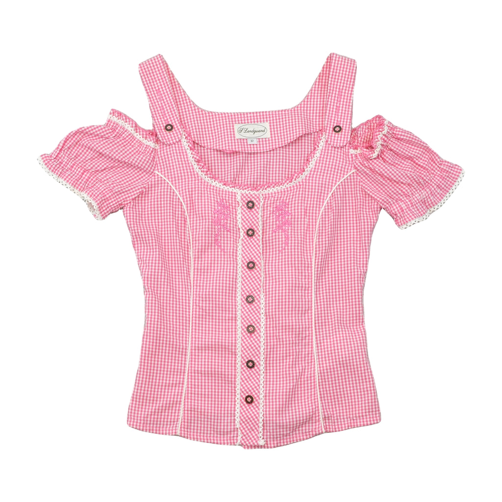 Landgewand Pink Gingham Lace Trim Embroidered Cotton Blouse