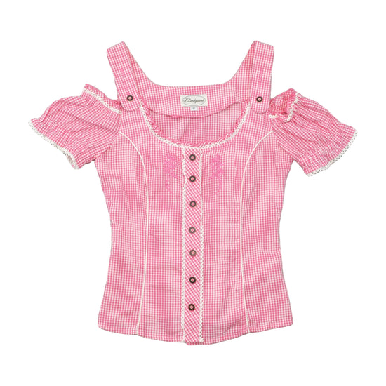 Landgewand Pink Gingham Lace Trim Embroidered Cotton Blouse