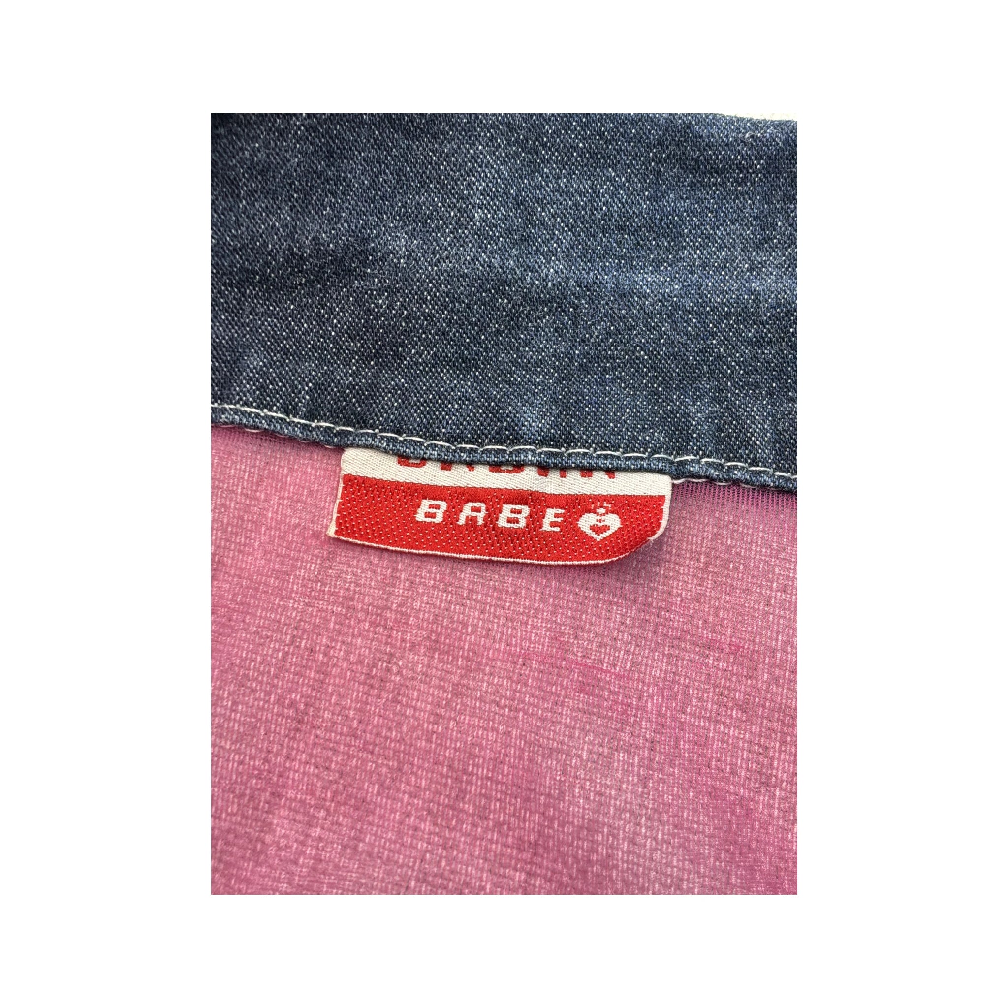 Babe Sheer Pink Mesh Button Up Shirt with Denim Trim