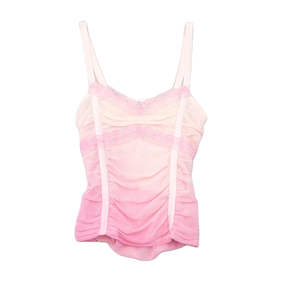 MOTIVI Ruched Lace Trim Mesh Tank Top