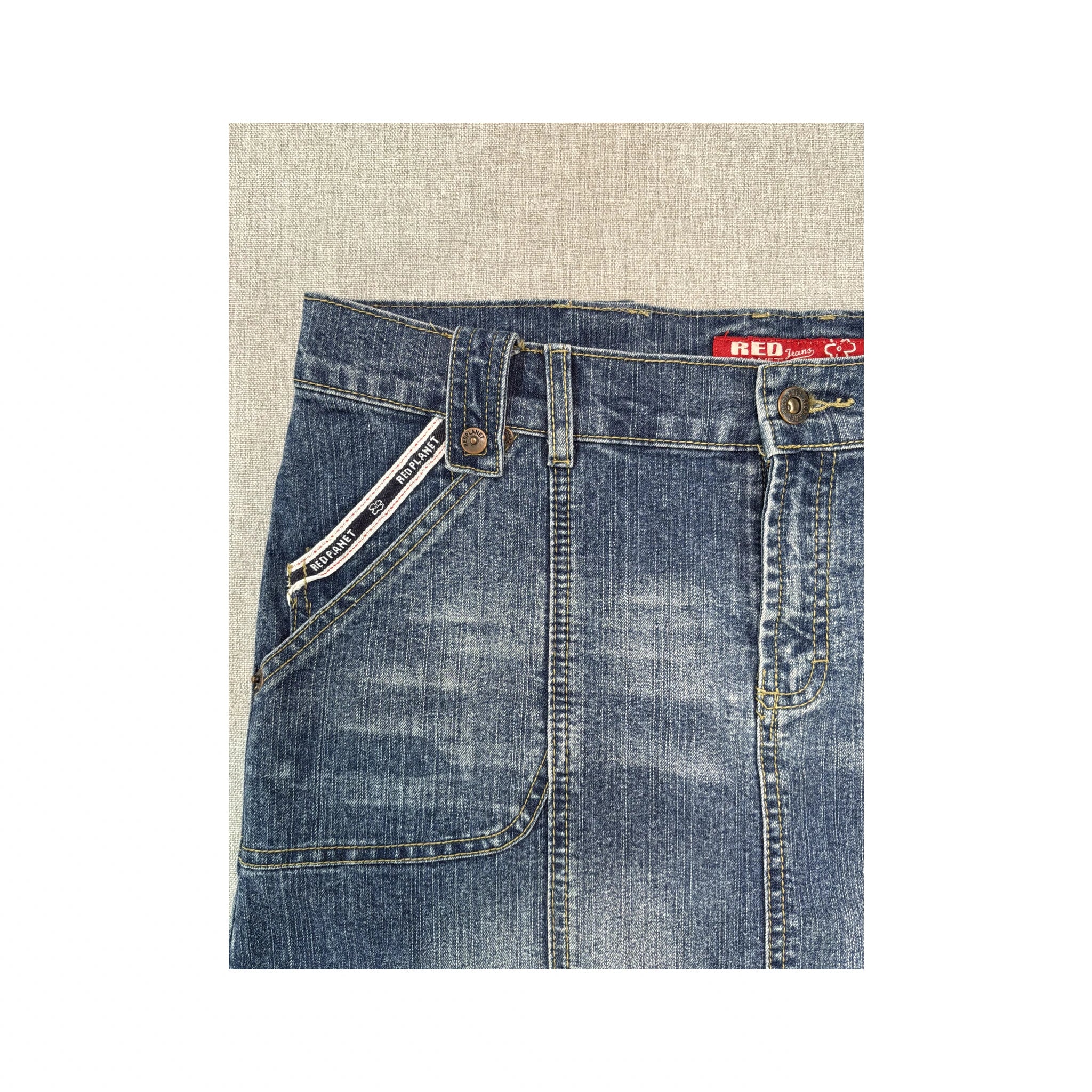 Red Planet Panelled Medium Wash Cotton Denim Utility Skirt