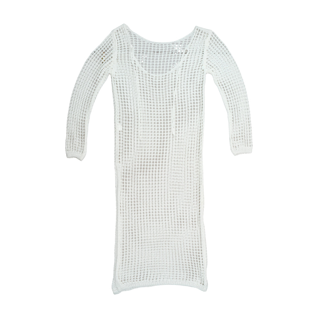 Vintage Open-Knit Grid Pattern Long-Sleeve Midi Dress