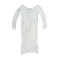 Vintage Open-Knit Grid Pattern Long-Sleeve Midi Dress