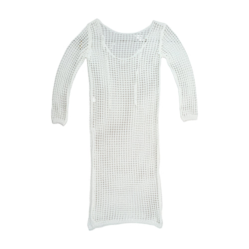 Vintage Open-Knit Grid Pattern Long-Sleeve Midi Dress