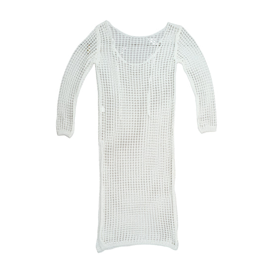 Vintage Open-Knit Grid Pattern Long-Sleeve Midi Dress (Festa Branca)